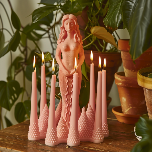 pink goddess surrounded by pink candles