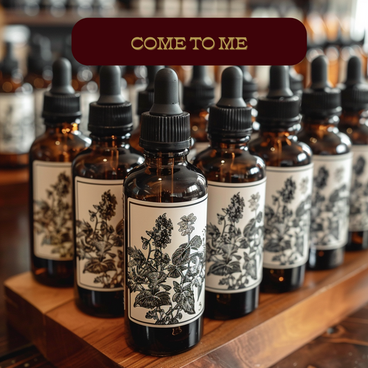 rows of amber dropper bottles with Come to Me oil