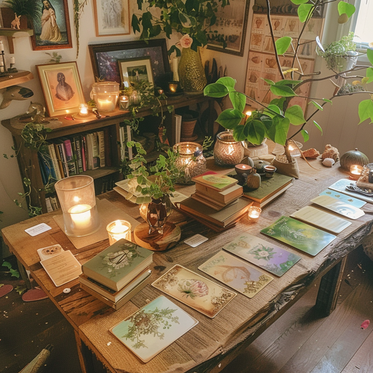 A desk with books, card and plants
