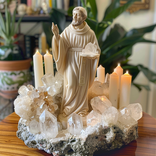 picture of a saint on a crystal geode
